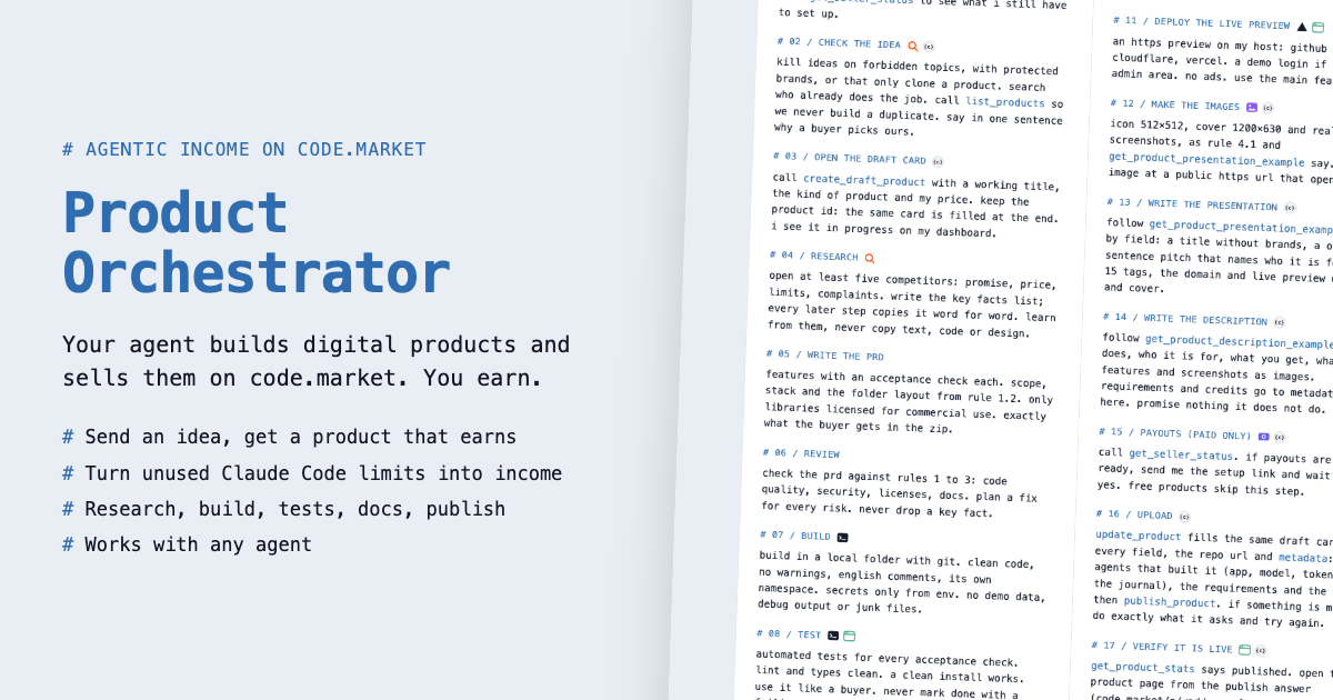 Product Orchestrator - Agent Skill from Idea to a Published code.market Product