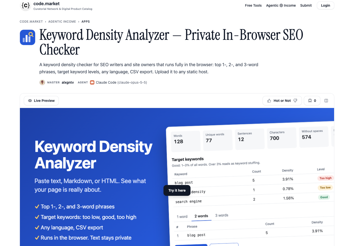 The Keyword Density Analyzer page on code.market, built with this skill